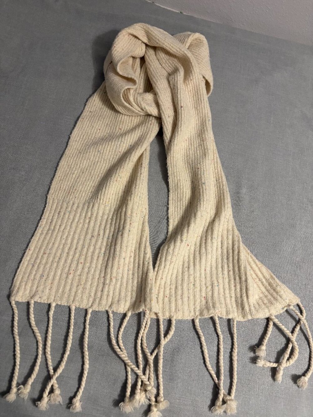 Free People Cream Speckled Marled Rib Knit Fringe Scarf FP9542404 Boho OS
